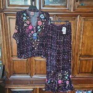 Johnny Was Plum/Brown Floral Embroidered Velvet Set! Tunic top -LG/Pant - MD!
